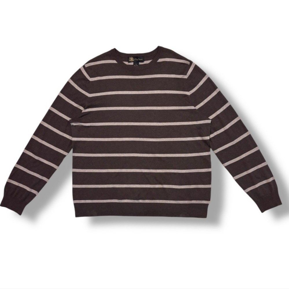 OLEG CASSINI Brown & Tan Stripe Cotton Cashmere Crew Neck Sweater